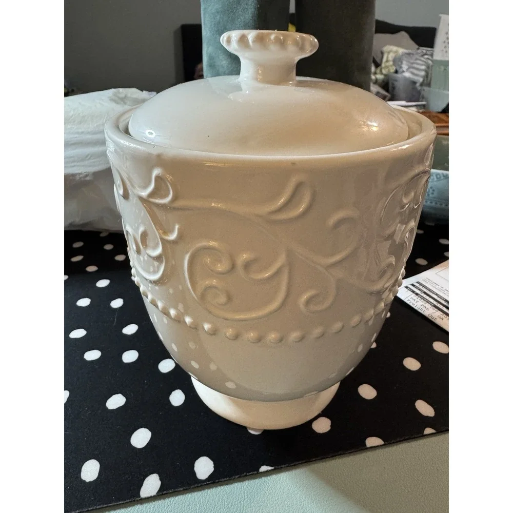American Atelier Bianca Scroll White Large Ceramic Cannister With Lid